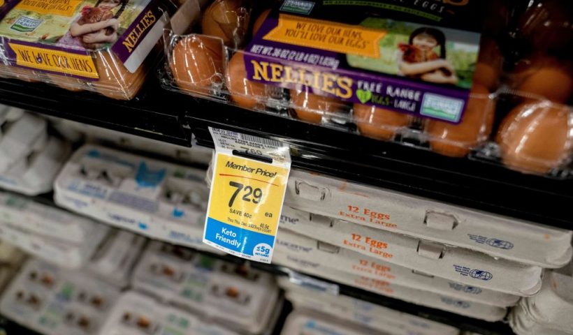 Eggs are seen at a grocery store in Washington, DC, on January 19, 2023. - The price of eggs has increased over the last year because of an avian flu outbreak that has impacted chicken farms across the country. (Photo by Stefani Reynolds / AFP) (Photo by STEFANI REYNOLDS/AFP via Getty Images)