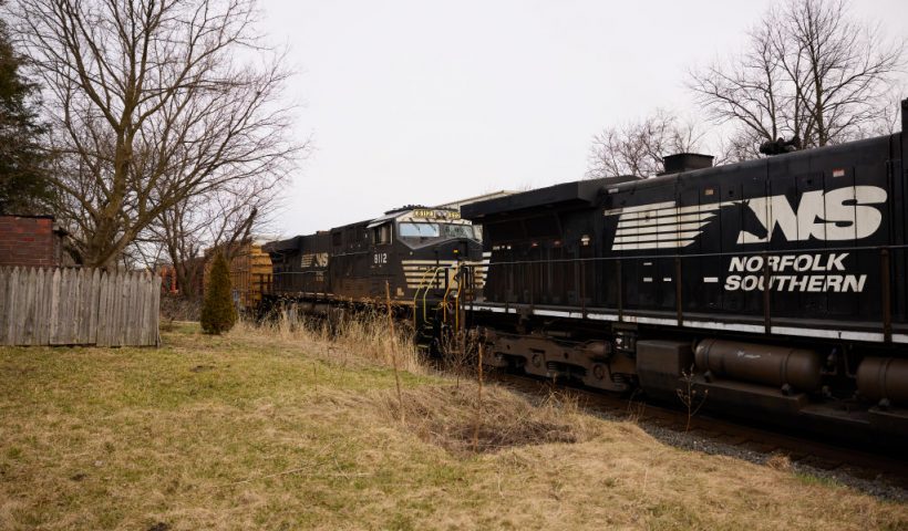 EAST PALESTINE, OH - FEBRUARY 14: A Norfolk Southern train is en route on February 14, 2023 in East Palestine, Ohio. Another train operated by the company derailed on February 3, releasing toxic fumes and forcing evacuation of residents. (Photo by Angelo Merendino/Getty Images)