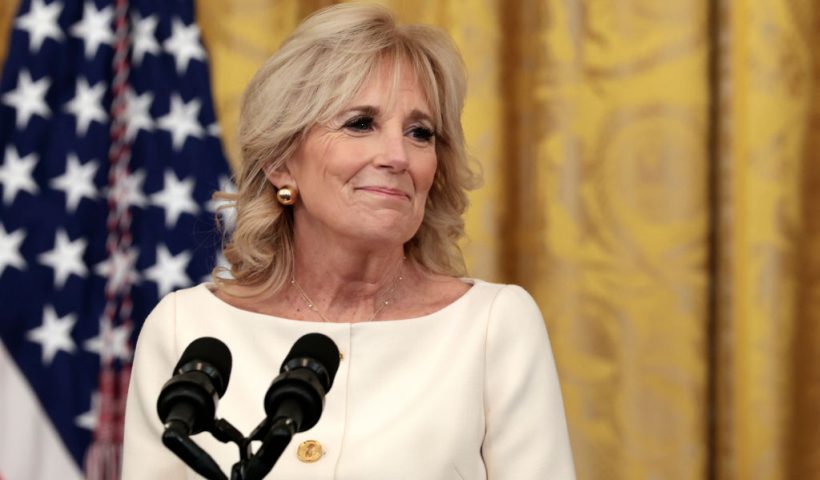 WASHINGTON, DC - FEBRUARY 02: U.S. First lady Dr. Jill Biden delivers remarks during a Cancer Moonshot initiative event in the East Room of the White House on February 02, 2022 in Washington, DC. During the event, U.S. President Joe Biden announced the administration’s new goals for the initiative that includes reducing the death rate from cancer over the next 25 years and improving the quality of life for people who have survived cancer or are living with it. The initiative was started by Biden when he was the Vice President in 2016. (Photo by Anna Moneymaker/Getty Images)