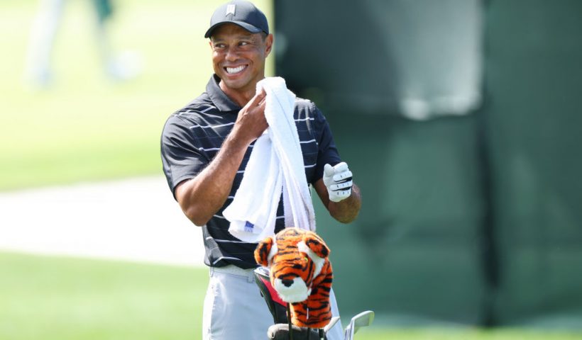AUGUSTA, GEORGIA - APRIL 02: Tiger Woods of the United States looks on from the practice area prior to the 2023 Masters Tournament at Augusta National Golf Club on April 02, 2023 in Augusta, Georgia. (Photo by Andrew Redington/Getty Images)