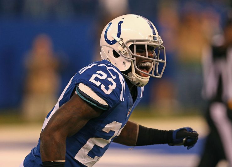 INDIANAPOLIS, IN - DECEMBER 30: Vontae Davis #23 of the Indianapolis Colts celebrates his second interception of the game against the Houston Texans at Lucas Oil Stadium on December 30, 2012 in Indianapolis, Indiana. The Colts defeated the Texans 28-16. (Photo by Jonathan Daniel/Getty Images)