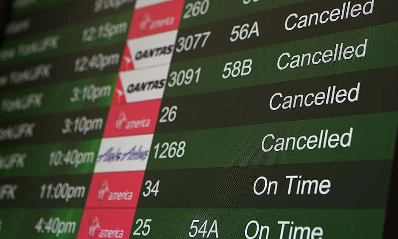 SAN FRANCISCO, CA - FEBRUARY 08: Canceled flights due to weather are displayed on a departure monitor at San Francisco International Airport on February 8, 2013 in San Francisco, California. Thousands of flights to the East Coast were canceled as a potentially historic blizzard is set to dump up to three feet of snow in the Northeast from New York City to Boston. (Photo by Justin Sullivan/Getty Images)