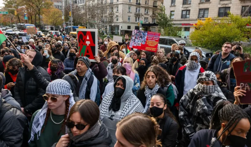 NEW YORK, NEW YORK - NOVEMBER 15: Students participate in a protest in support of Palestine and for free speech outside of the Columbia University campus on November 15, 2023 in New York City. The university suspended two student organizations, Students for Justice in Palestine, and Jewish Voices for Peace, for violating university policies. The tense atmosphere at many college campuses has increased as student groups, activists and others have protested both in support of Israel and Palestine (Photo by Spencer Platt/Getty Images)