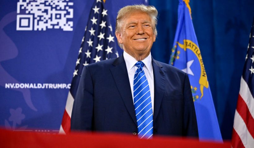 LAS VEGAS, NEVADA - JANUARY 27: Republican presidential candidate and former U.S. President Donald Trump stands on stage during a campaign event at Big League Dreams Las Vegas on January 27, 2024 in Las Vegas, Nevada. Trump is campaigning in Nevada ahead of the state’s Republican presidential caucuses on February 8. (Photo by David Becker/Getty Images)
