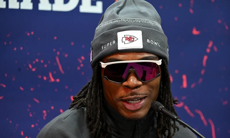 Super Bowl LVIII Opening Night LAS VEGAS, NEVADA - FEBRUARY 05: Rashee Rice of the Kansas City Chiefs speaks to the media during Super Bowl LVIII Opening Night at Allegiant Stadium on February 05, 2024 in Las Vegas, Nevada. (Photo by Candice Ward/Getty Images)