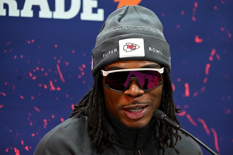Super Bowl LVIII Opening Night
LAS VEGAS, NEVADA - FEBRUARY 05: Rashee Rice of the Kansas City Chiefs speaks to the media during Super Bowl LVIII Opening Night at Allegiant Stadium on February 05, 2024 in Las Vegas, Nevada. (Photo by Candice Ward/Getty Images)