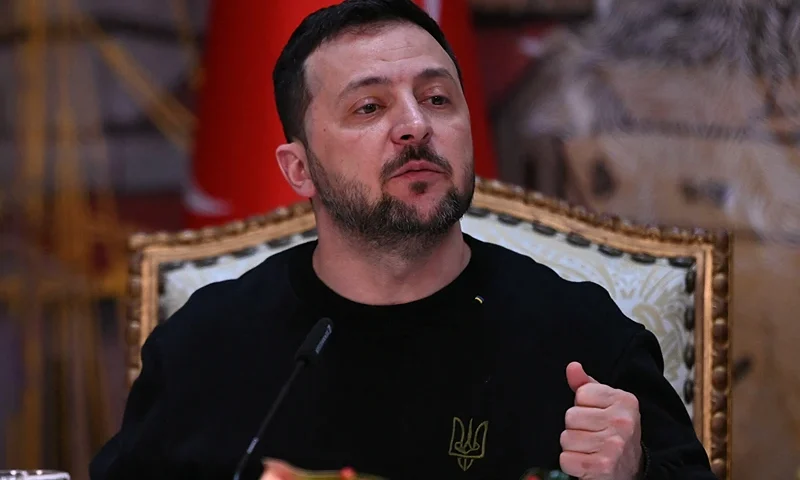Ukrainian President Volodymyr Zelensky gestures as he speaks during a joint press conference with Turkish President at the Dolmabahce Presidental office in Istanbul on March 8, 2024. (Photo by OZAN KOSE / AFP) (Photo by OZAN KOSE/AFP via Getty Images)