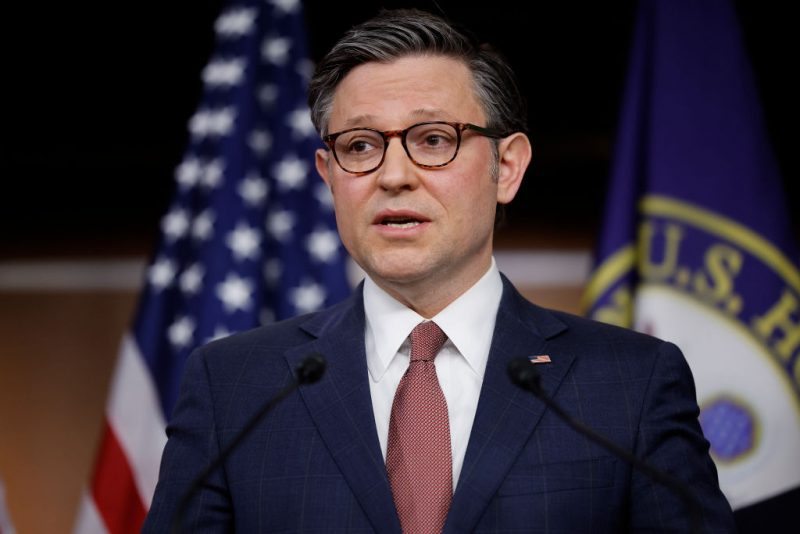 WASHINGTON, DC - MARCH 20: Speaker of the House Mike Johnson (R-LA) speaks during a news conference following a closed-door caucus meeting at the U.S. Capitol Visitors Center on March 20, 2024 in Washington, DC. Congressional leaders announced Tuesday they had reached a deal on a FY2024 spending package that includes budgets for about three-quarters of all federal discretionary spending, including Defense, Homeland Security, Labor-Health and Human Services, and other bills. Without a deal, the federal government would be facing a partial shutdown at midnight on Friday. (Photo by Chip Somodevilla/Getty Images)