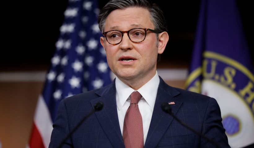 WASHINGTON, DC - MARCH 20: Speaker of the House Mike Johnson (R-LA) speaks during a news conference following a closed-door caucus meeting at the U.S. Capitol Visitors Center on March 20, 2024 in Washington, DC. Congressional leaders announced Tuesday they had reached a deal on a FY2024 spending package that includes budgets for about three-quarters of all federal discretionary spending, including Defense, Homeland Security, Labor-Health and Human Services, and other bills. Without a deal, the federal government would be facing a partial shutdown at midnight on Friday. (Photo by Chip Somodevilla/Getty Images)