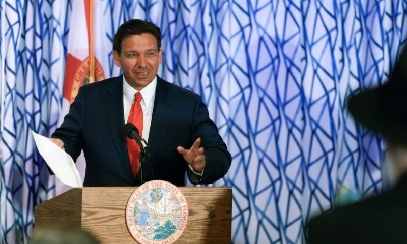 MIAMI BEACH, FLORIDA - MARCH 20: Florida Gov. Ron DeSantis during a news conference held at the Santorini by Georgios restaurant on March 20, 2024 in Miami Beach, Florida. DeSantis talked about preventing unauthorized camping and public sleeping during the event and signed Florida House Bill 1365, which addresses homelessness. (Photo by Joe Raedle/Getty Images)