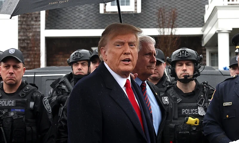 MASSAPEQUA, NEW YORK - MARCH 28: Former U.S. President Donald Trump speaks to the media after attending the wake of slain NYPD Officer Jonathan Diller at the Massapequa Funeral Home on March 28, 2024 in Massapequa, New York. Officer Diller was killed on March 25th when he was shot in Queens after approaching an illegally parked vehicle. Two suspects have been arrested and charged, and are being held without bail for the killing. Trump met with the officers family members, local police officers and other officials. (Photo by Spencer Platt/Getty Images)