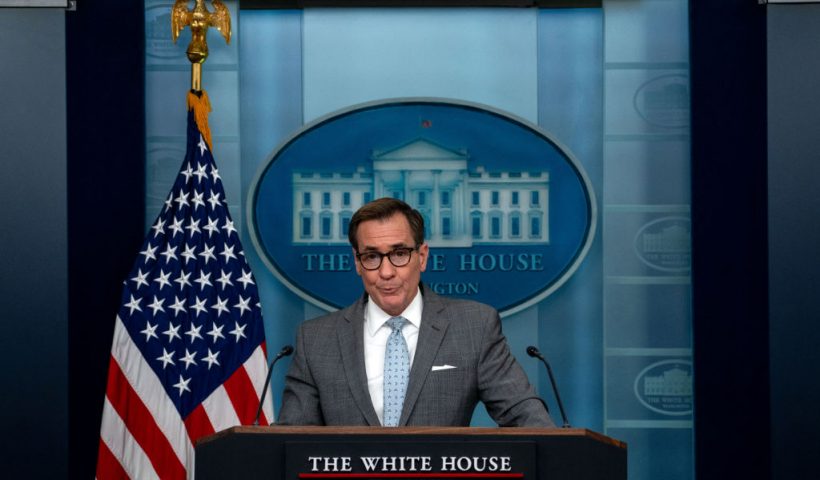 WASHINGTON, DC - APRIL 2: White House National Security Communications Advisor John Kirby takes questions during the daily news briefing at the White House on April 2, 2024 in Washington, DC. Earlier today, President Joe Biden called Chef José Andrés to offer his condolences after an Israeli strike killed seven aid workers from Andrés' World Central Kitchen in Gaza. (Photo by Kent Nishimura/Getty Images)