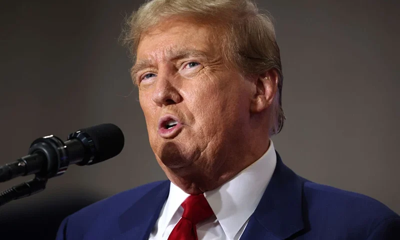 GREEN BAY, WISCONSIN - APRIL 02: Former President Donald Trump speaks to guests at a rally on April 02, 2024 in Green Bay, Wisconsin. At the rally, Trump spoke next to an empty lectern on the stage and challenged President Joe Biden to debate him. The Wisconsin primary is being held today. (Photo by Scott Olson/Getty Images)