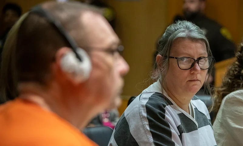 Sentencing For Parents Of Oxford, Michigan School Shooter Ethan Crumbley PONTIAC, MICHIGAN - APRIL 9: Jennifer Crumbley looks at her husband James Crumbley during their sentencing on four counts of involuntary manslaughter for the deaths of four Oxford High School students by their son, mass school shooter Ethan Crumbley, on April 9, 2024 at Oakland County Circuit Court in Pontiac, Michigan. Jennifer and James Crumbley are the first parents in U.S. history to be criminally tried and convicted for a mass school shooting that was committed by their child. ((Photo by Bill Pugliano/Getty Images)