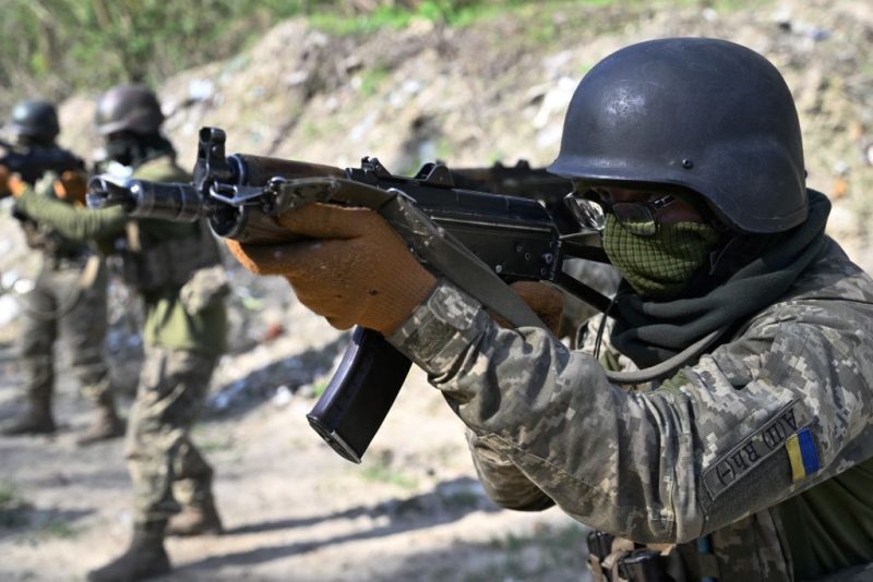 Members of the Siberian battalion within the Ukrainian Armed Forces take part in a military training exercise on a shooting range in Kyiv region on April 10, 2024, amid the Russian invasion of Ukraine. The volunteer Siberian Battalion is a part of the International Legion within the Ukrainian Armed Forces and is made up of Russians who have come to fight against their fellow citizens. They are a varied group - both ethnic Russians and members of minority ethnic groups. (Photo by Genya SAVILOV / AFP) (Photo by GENYA SAVILOV/AFP via Getty Images)