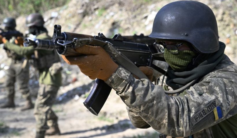 Members of the Siberian battalion within the Ukrainian Armed Forces take part in a military training exercise on a shooting range in Kyiv region on April 10, 2024, amid the Russian invasion of Ukraine. The volunteer Siberian Battalion is a part of the International Legion within the Ukrainian Armed Forces and is made up of Russians who have come to fight against their fellow citizens. They are a varied group - both ethnic Russians and members of minority ethnic groups. (Photo by Genya SAVILOV / AFP) (Photo by GENYA SAVILOV/AFP via Getty Images)