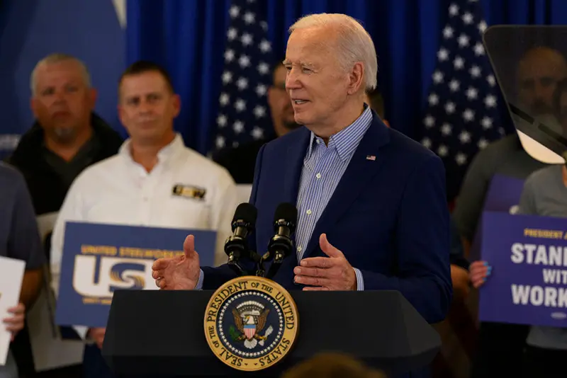 President Joe Biden speaks to members of the United Steel Workers Union at the United Steel Workers Headquarters on April 17, 2024 in Pittsburgh, Pennsylvania. (Photo by Jeff Swensen/Getty Images)