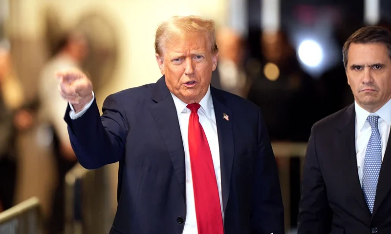 NEW YORK, NEW YORK - APRIL 23: Former U.S. President Donald Trump speaks to the media outside the courtroom during his trial for allegedly covering up hush money payments at Manhattan Criminal Court on April 23, 2024 in New York City. Former U.S. President Donald Trump faces 34 felony counts of falsifying business records in the first of his criminal cases to go to trial. (Photo by Curtis Means-Pool/Getty Images)