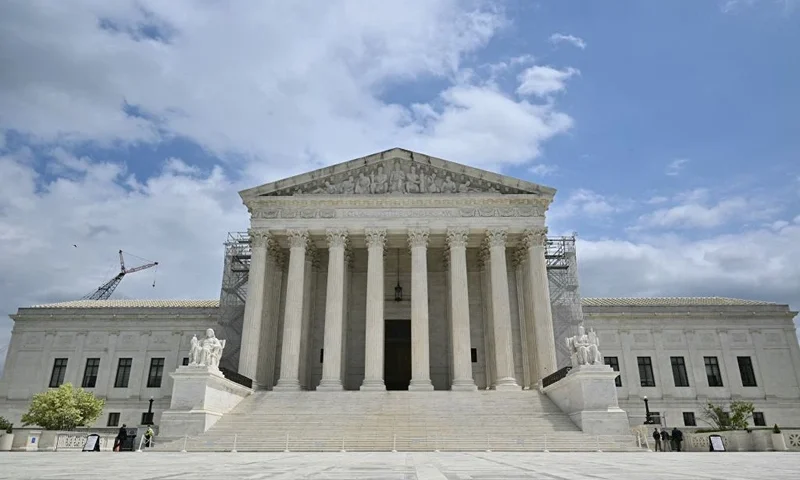 A view of the US Supreme Court as the court hears arguments on the immunity of former US President Donald Trump, on April 25, 2024, in Washington, DC. The Court will hear arguments Thursday on whether Trump, as a former president, should be immune from criminal prosecution for acts he committed while in office. The ruling could have far-reaching implications for the extent of US executive power -- and Trump's multiple legal issues as he seeks the White House again. (Photo by Mandel NGAN / AFP) (Photo by MANDEL NGAN/AFP via Getty Images)