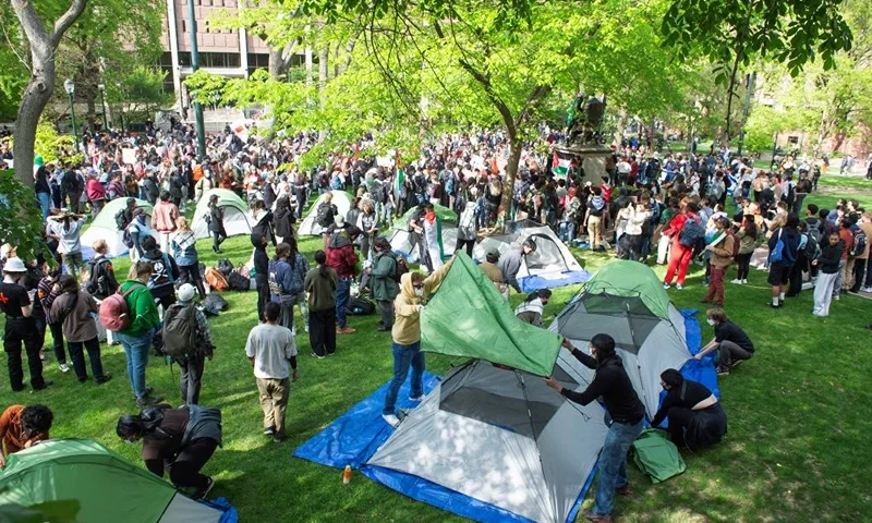 Students and faculty of Drexel University and University of Pennsylvania erect an encapment to protest the war in Gaza at the University of Pennsylvania campus in Philadelphia, Pennsylvania, on April 25, 2024. College campuses across the US braced for fresh protests by pro-Palestinian students, extending a week of increasingly confrontational standoffs with police, mass arrests and accusations of anti-Semitism. (Photo by Matthew Hatcher / AFP) (Photo by MATTHEW HATCHER/AFP via Getty Images)
