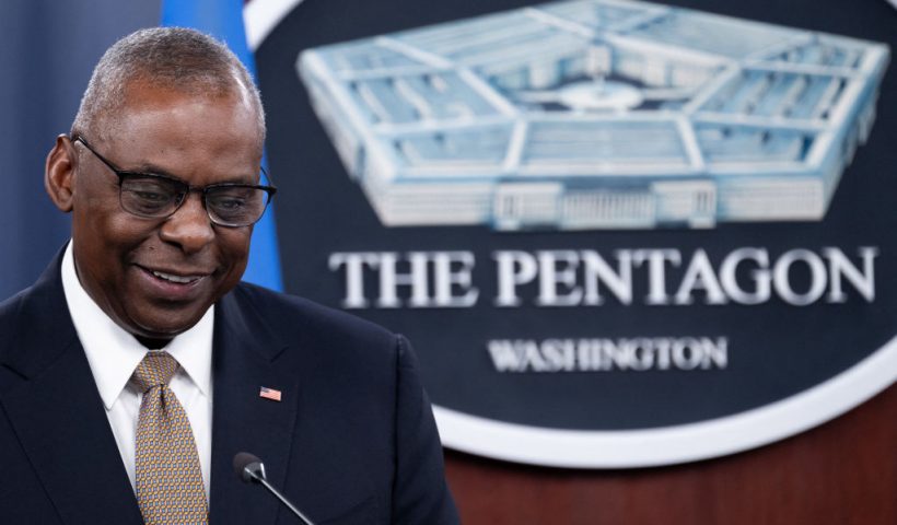 US Defense Minister Lloyd Austin speaks during a press conference after concluding the Ukraine Defense Contact Group at the Pentagon in Washington, DC, on April 26, 2024. Austin announced $6 billion in new military aid for Ukraine, as Washington rushes to fill gaps left by months of limited US assistance. (Photo by SAUL LOEB / AFP) (Photo by SAUL LOEB/AFP via Getty Images)