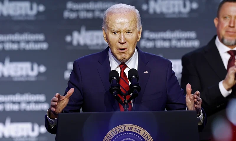 Biden Addresses Building Trades Union Conference After Endorsement WASHINGTON, DC - APRIL 24: U.S. President Joe Biden delivers remarks at the North American Building Trades Unions (NABTU) 2024 Legislative Conference at the Washington Hilton on April 24, 2024 in Washington, DC. Biden attended the conference to receive an official political endorsement from NABTU. (Photo by Anna Moneymaker/Getty Images)