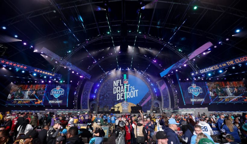 DETROIT, MICHIGAN - APRIL 25: Fans gather prior to the first round of the 2024 NFL Draft at Campus Martius Park and Hart Plaza on April 25, 2024 in Detroit, Michigan. (Photo by Gregory Shamus/Getty Images)