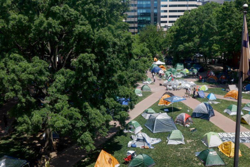 WASHINGTON, DC - APRIL 29: Tents sit in an encampment at University Yard at George Washington University on April 29, 2024 in Washington, DC. The encampment has entered the fifth day, in solidarity with college campuses across the United States that have started encampments to call on their universities to divest financial ties from Israel. (Photo by Anna Moneymaker/Getty Images)