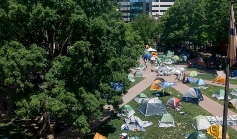 WASHINGTON, DC - APRIL 29: Tents sit in an encampment at University Yard at George Washington University on April 29, 2024 in Washington, DC. The encampment has entered the fifth day, in solidarity with college campuses across the United States that have started encampments to call on their universities to divest financial ties from Israel. (Photo by Anna Moneymaker/Getty Images)