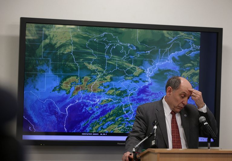 WASHINGTON, DC - JANUARY 21: National Weather Service Director Louis Uccellini speaks during a news conference on a winter storm forecast January 21, 2016 at the NOAA Center for Weather and Climate Prediction in College Park, Maryland. A winter snowstorm is forecasted for the East Coast this weekend with prediction of up to 30Ó of snow for the DC area. (Photo by Alex Wong/Getty Images)