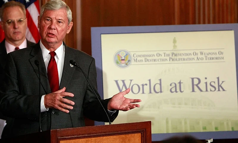 WASHINGTON - DECEMBER 03: Commission Chairman former Sen. Bob Graham joins with other members of the Commission on the Prevention of Weapons of Mass Destruction Proliferation and Terrorism for a press conference on a new report on "Preventing Nuclear and Biological Terrorism Threats" at the U.S. Capitol December 3, 2008 in Washington, DC. Members of the commission were scheduled to brief Vice President-elect Biden and Arizona Governor Janet Napolitano on their findings later in the afternoon. (Photo by Win McNamee/Getty Images)