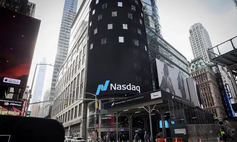 The Nasdaq Market site is seen on the day that shares of Truth Social and Trump Media & Technology Group start trading under the ticker "DJT", outside the Nasdaq Market site in New York City, U.S., March 26, 2024. REUTERS/Brendan McDermid/FILE PHOTO