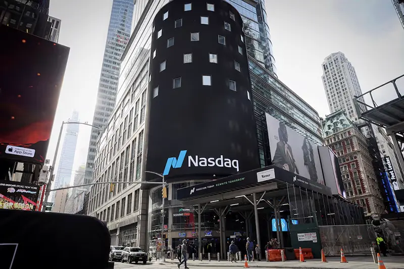 The Nasdaq Market site is seen on the day that shares of Truth Social and Trump Media & Technology Group start trading under the ticker "DJT", outside the Nasdaq Market site in New York City, U.S., March 26, 2024. REUTERS/Brendan McDermid/FILE PHOTO
