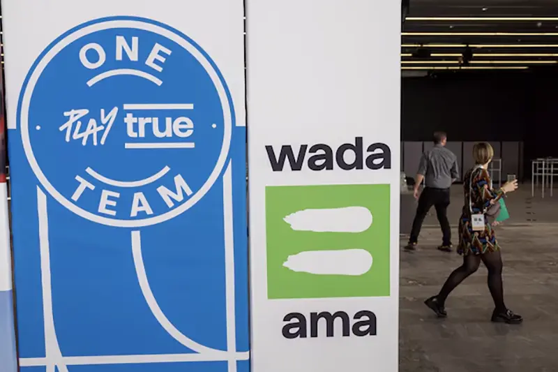 A WADA logo is seen at the World Anti-Doping Agency (WADA) Symposium in Lausanne, Switzerland, March 12, 2024. REUTERS/Denis Balibouse/File Photo