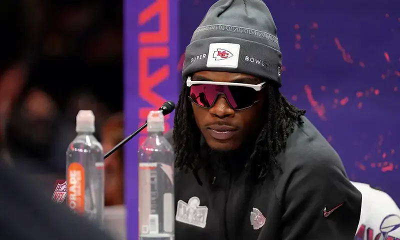 Kansas City Chiefs wide receiver Rashee Rice (4) talks to the media during Super Bowl LVIII Opening Night at Allegiant Stadium. Mandatory Credit: Lucas Peltier-USA TODAY Sports/File Photo