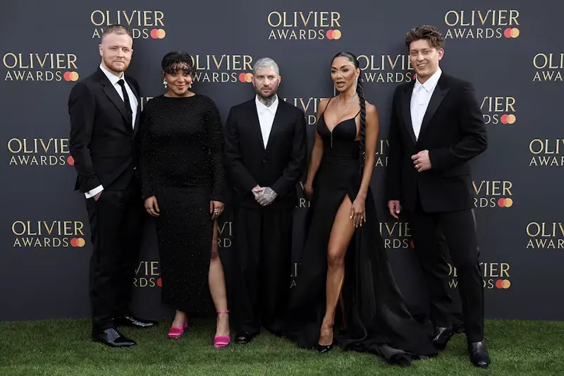 David Thaxton, Nicole Scherzinger, Jamie Lloyd, Grace Hodgett Young, Tom Francis attend the Olivier Awards at the Royal Albert Hall in London, Britain, April 14, 2024. REUTERS/Isabel Infantes