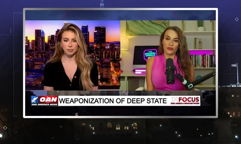 Video still from In Focus on One America News Network showing a split screen of the host on the left side, and on the right side is the guest, Breanna Morello.