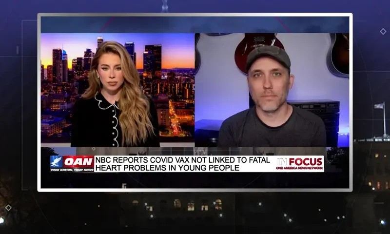 Video still from In Focus on One America News Network showing a split screen of the host on the left side, and on the right side is the guest, Brad Skistimas.