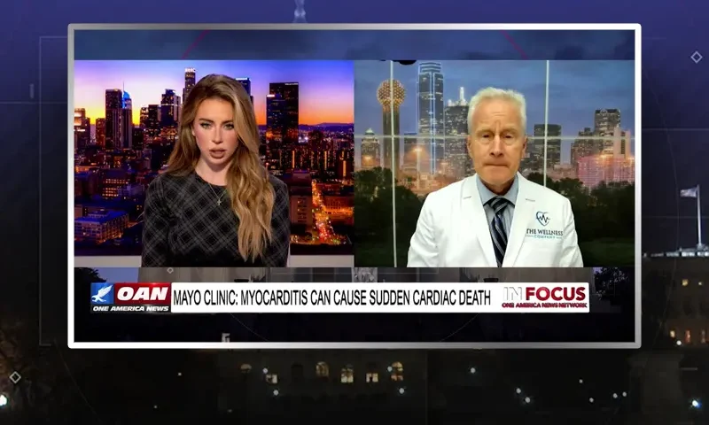 Video still from In Focus on One America News Network showing a split screen of the host on the left side, and on the right side is the guest, Peter McCullough.