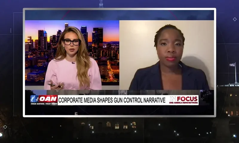 Video still from In Focus on One America News Network showing a split screen of the host on the left side, and on the right side is the guest, Antonia Cover.