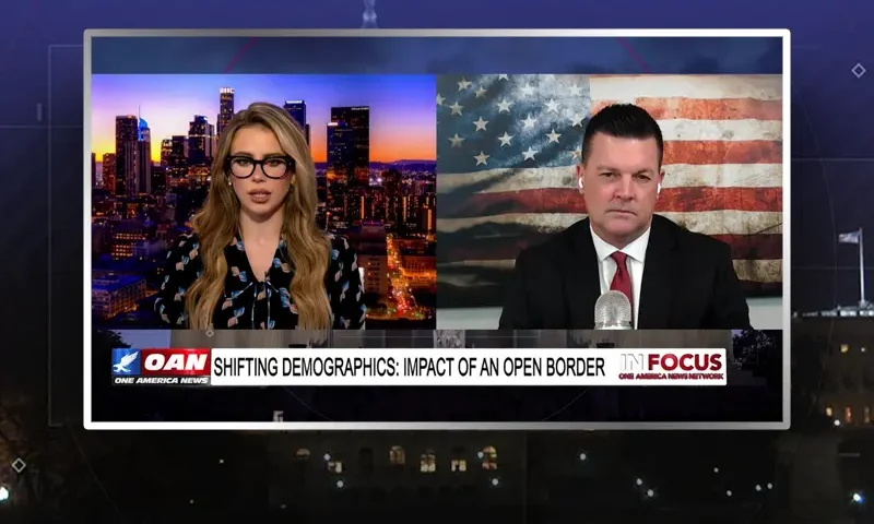 Video still from In Focus on One America News Network showing a split screen of the host on the left side, and on the right side is the guest, J.J. Carrell.