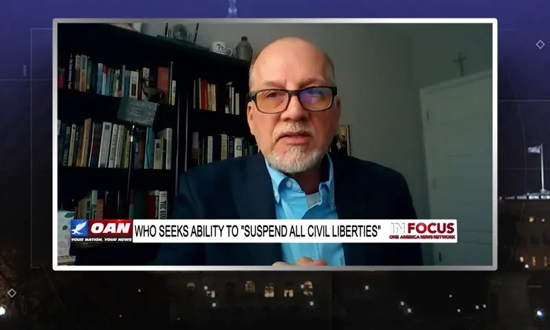 Video still from In Focus on One America News Network during an interview with the guest, Leo Hohmann.
