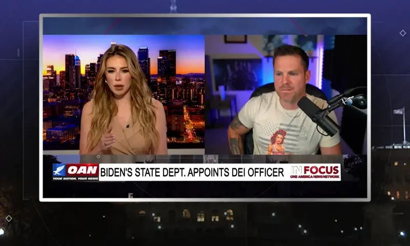 Video still from In Focus on One America News Network showing a split screen of the host on the left side, and on the right side is the guest, Jake Chocholous.
