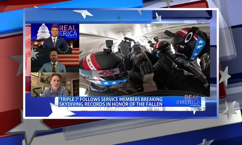 Video still from Real America on One America News Network during an interview with the guests, Mike Sarraille and Dan Myrick.