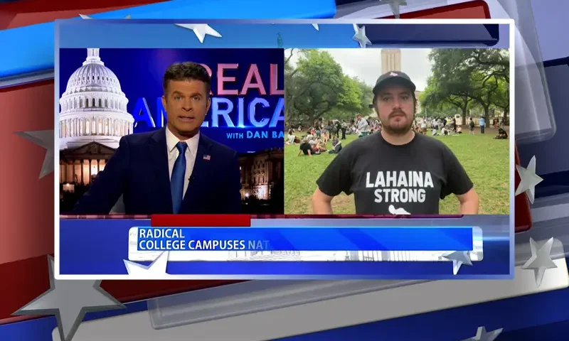 Video still from Real America on One America News Network showing a split screen of the host on the left side, and on the right side is the guest, Nick Sortor.