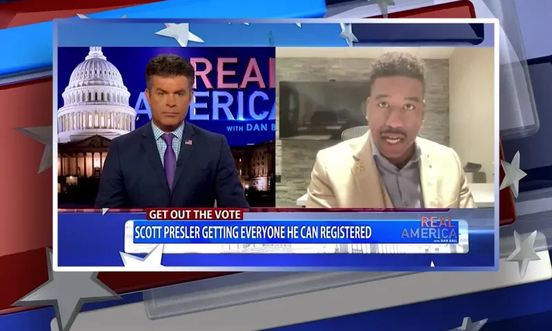 Video still from Real America on One America News Network showing a split screen of the host on the left side, and on the right side is the guest, R.C. Maxwell.