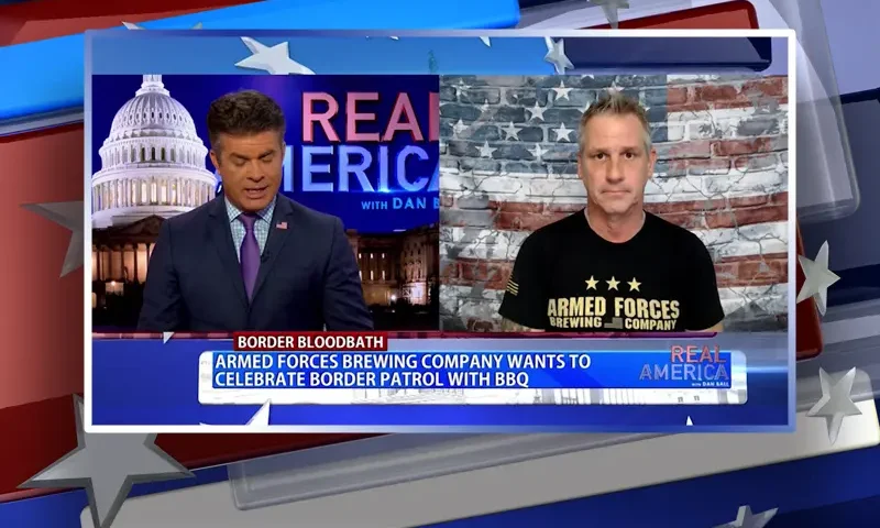 Video still from Real America on One America News Network showing a split screen of the host on the left side, and on the right side is the guest, Alan Beal.
