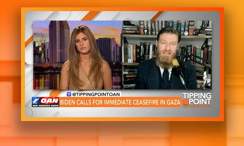 Video still from Tipping Point on One America News Network showing a split screen of the host on the left side, and on the right side is the guest, Davis Younts.