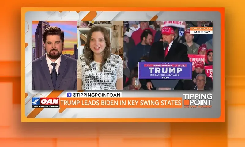 Video still from Tipping Point on One America News Network showing a split screen of the host on the left side, and on the right side is the guest, Libby Emmons.