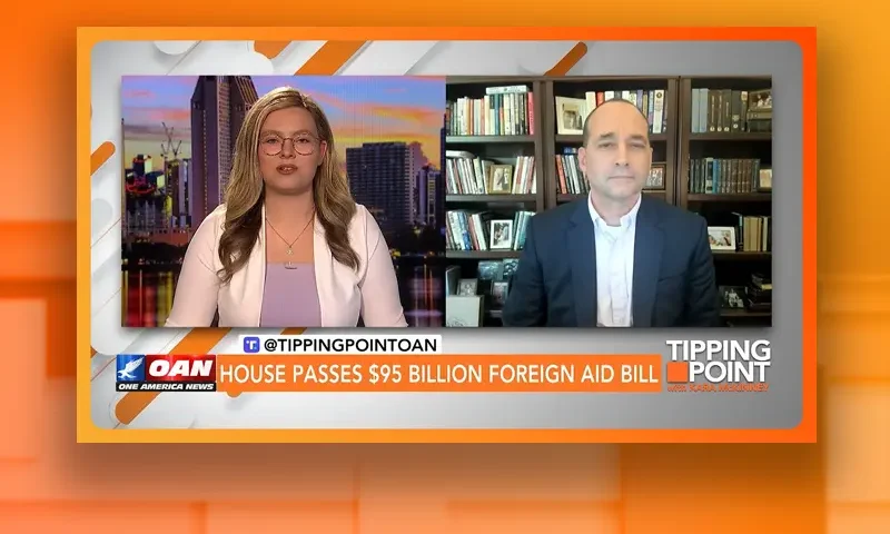 Video still from Tipping Point on One America News Network showing a split screen of the host on the left side, and on the right side is the guest, Rep. Bob Good.